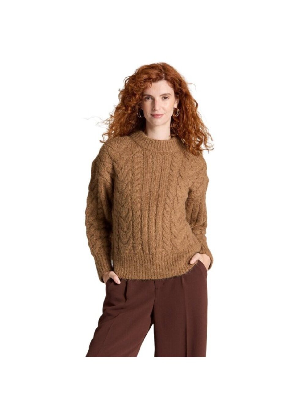 NEW A New Day Round Neck Cable Knit Pullover Sweater 94645899 Heather Brown M